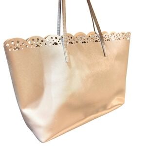 Macy's Tote Bag Women Large Beige Faux Leather Scalloped Laser Cut Minimalist